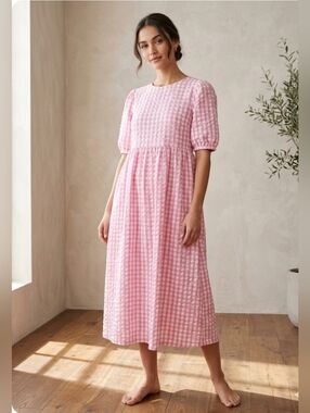 Women's Pink Check Maxi Dress with Puff Sleeves